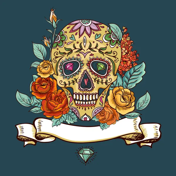 Skull and Flowers Day of The Dead — Stock Vector