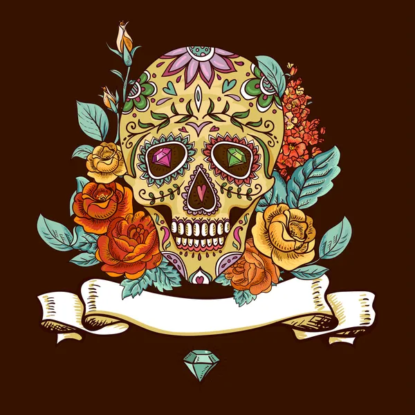 Skull and Flowers Day of The Dead — Stock Vector