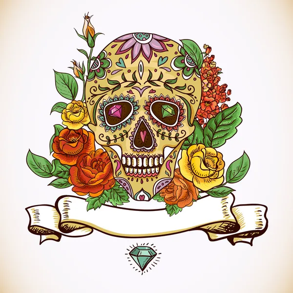 Calavera y flores Día de los Muertos — Vector de stock