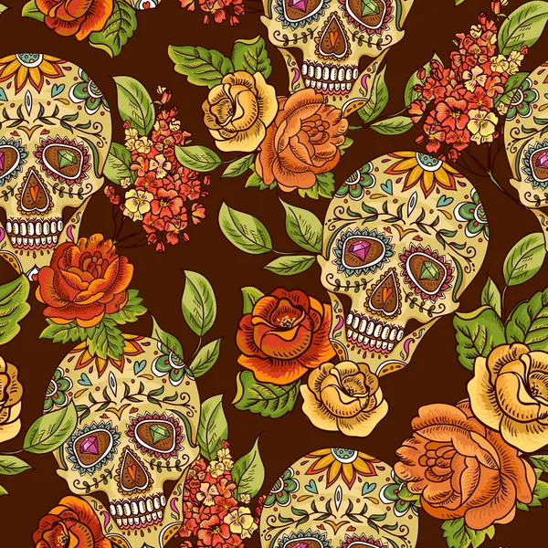 Skull, diamond and Flowers Seamless Background