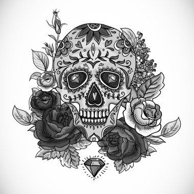 Monochrome Skull, diamond and Flowers Card clipart