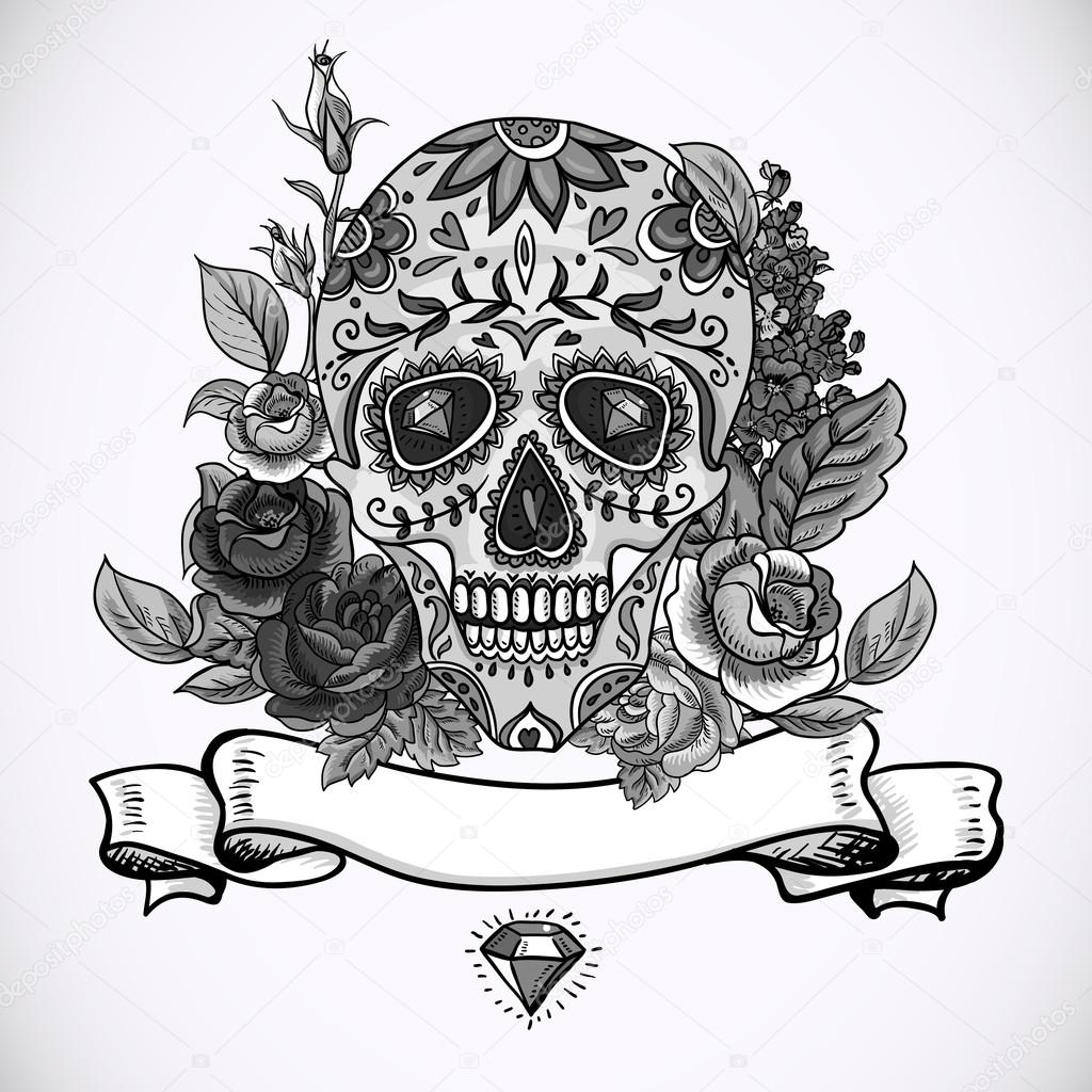 Monochrome Skull, diamond and Flowers Card