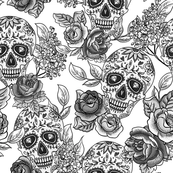 Skull and Flowers Monochrome Seamless Background — Stock Vector