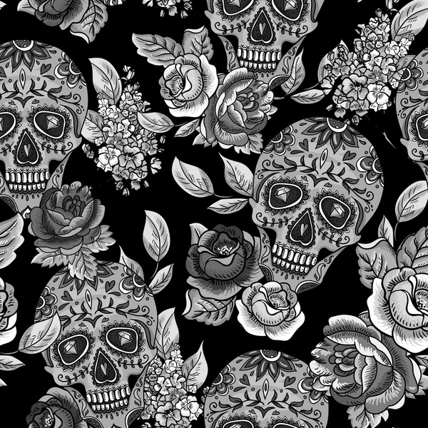 Skull and Flowers Monochrome Seamless Background — Stock Vector