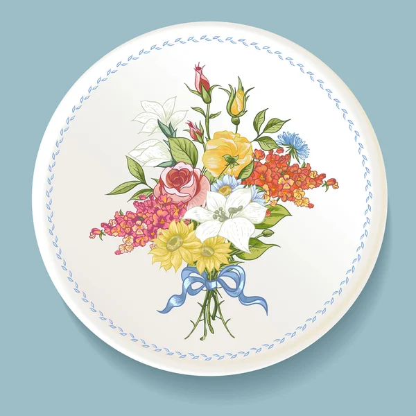 Bouquet baroque de fleurs sauvages sur assiette blanche — Image vectorielle