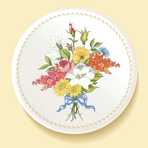 Bouquet barocco di fiori di campo su piatto bianco — Vettoriale Stock