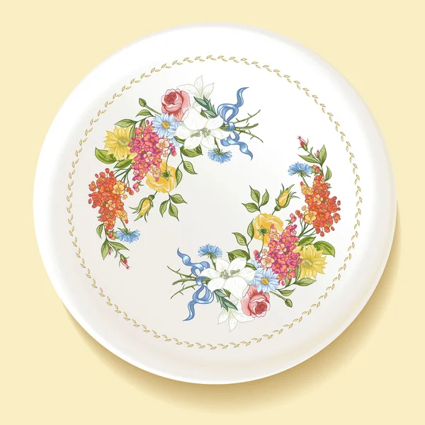 Barokk csokor fehér tányérra vadvirágok — Stock Vector