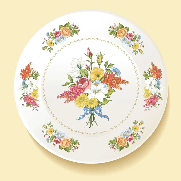 Barokk csokor fehér tányérra vadvirágok — Stock Vector