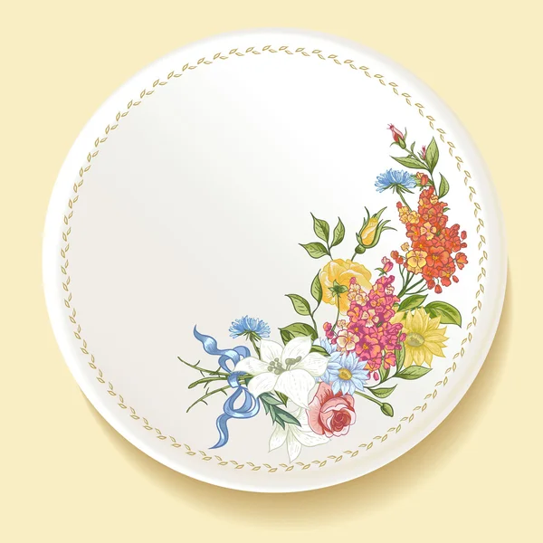 흰색 접시에 야생화의 바로크 식 꽃다발 — 스톡 벡터