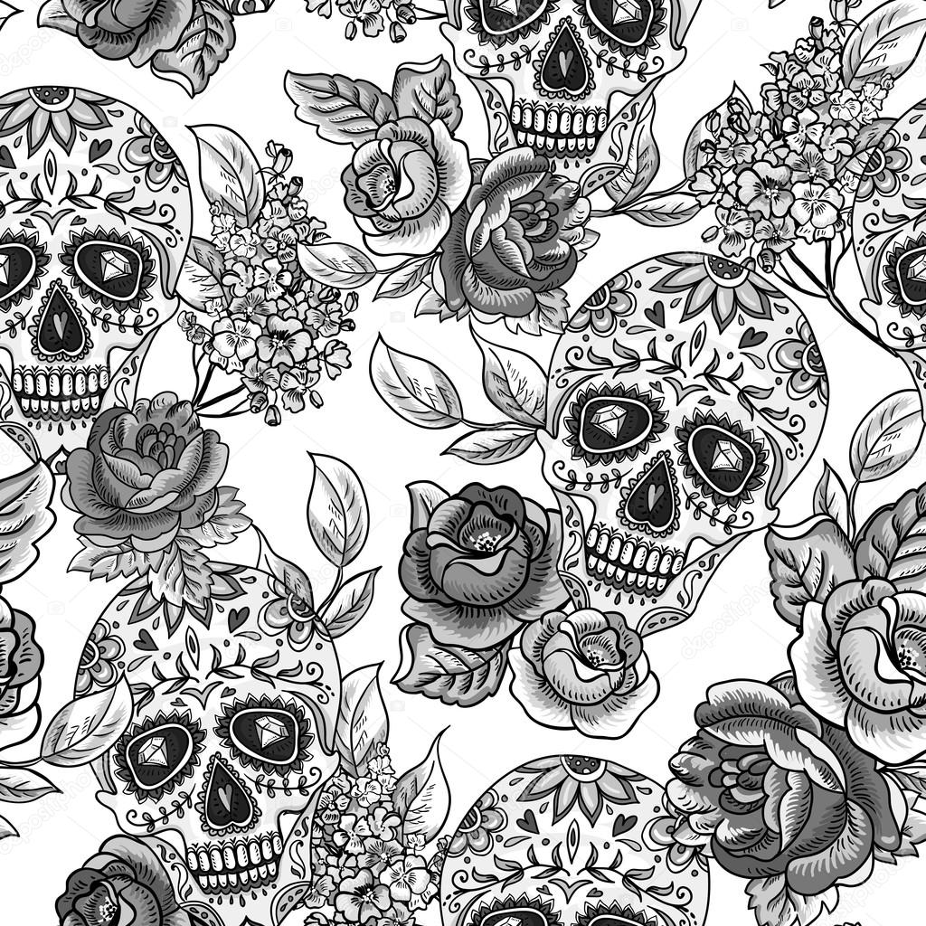 Skull and Flowers Monochrome Seamless Background