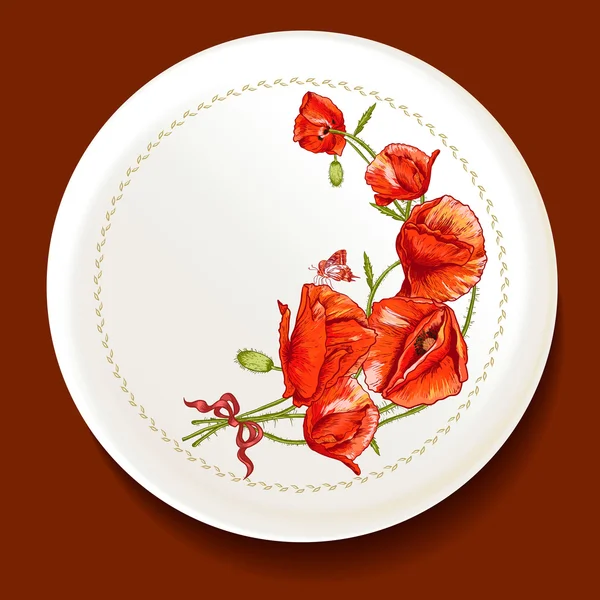 Beau bouquet de coquelicot rouge sur une assiette blanche — Image vectorielle