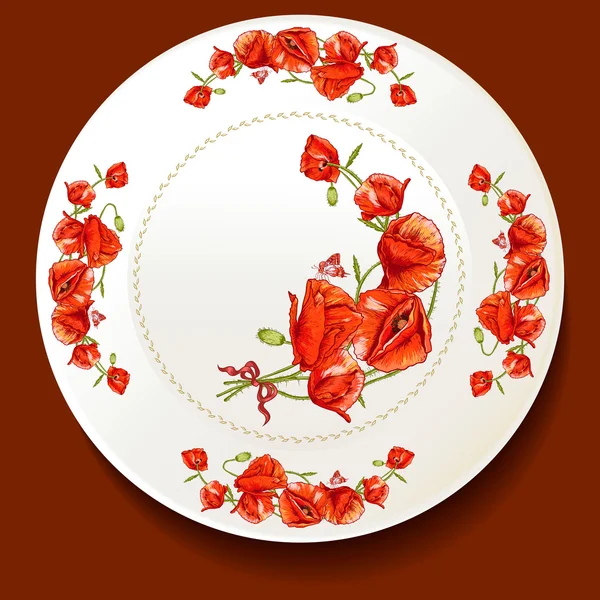 Beau bouquet de coquelicot rouge sur une assiette blanche — Image vectorielle