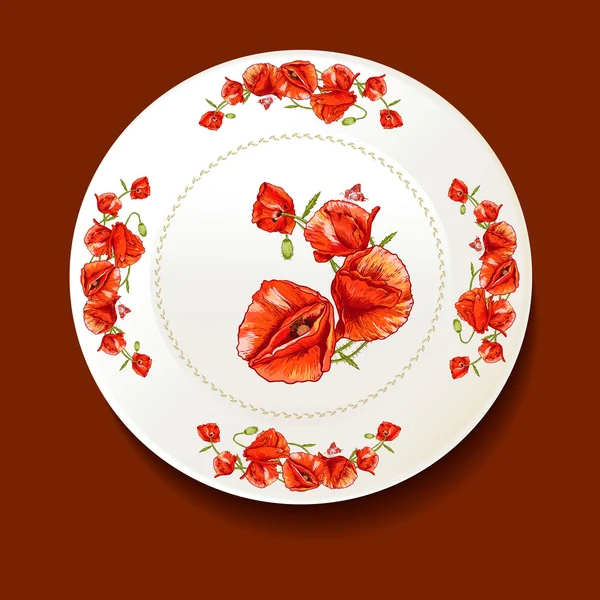 Прекрасный букет красного мака на белой тарелке — стоковый вектор