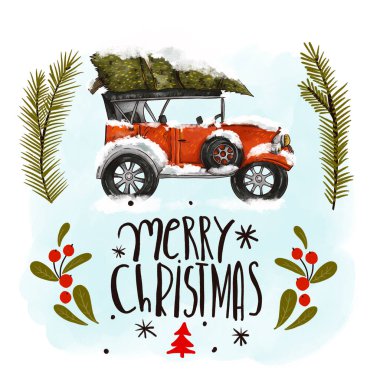 Eski el çizimi kırmızı retro araba, tatil harfleriyle Noel ağacı. Mutlu Noeller tebrik kartı.