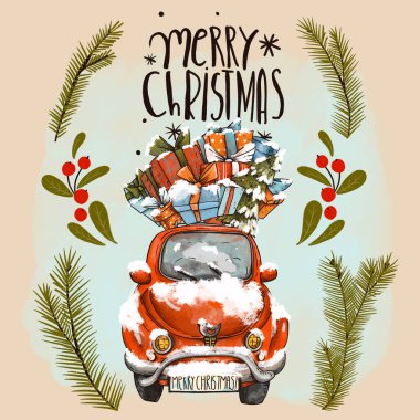 Eski el çizimi kırmızı retro araba, tatil harfleriyle Noel ağacı. Mutlu Noeller tebrik kartı.