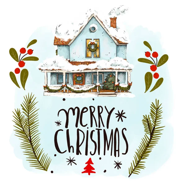 ヴィンテージメリークリスマスグリーティングカード 手描き居心地の良い家は白い背景に隔離された休日のレタリングで雪をカバー — ストック写真