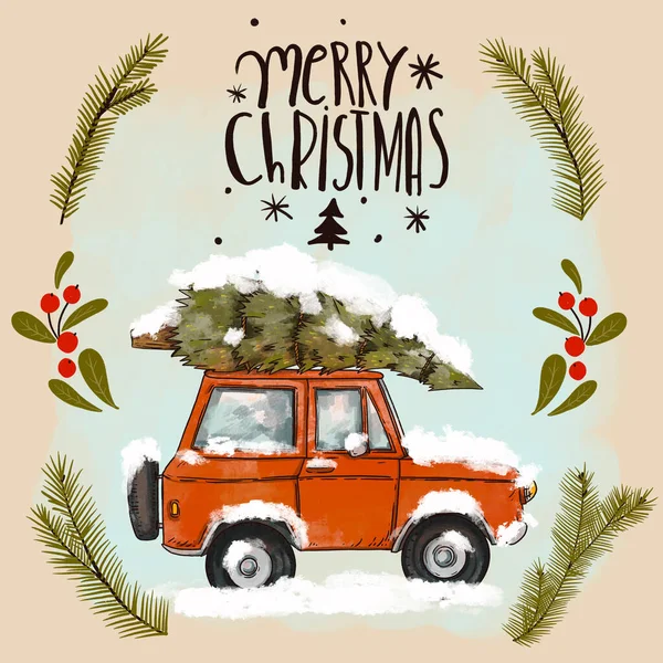 老式手绘红色复古车 圣诞树与假日字母 圣诞快乐贺卡 — 图库照片