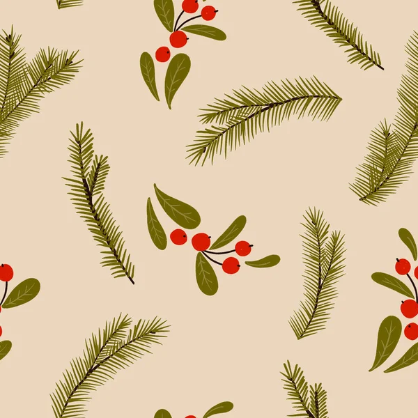 Vintage Seamless Pattern Spruce Branches Red Berries Natural Hand Drawn — Stock Photo, Image