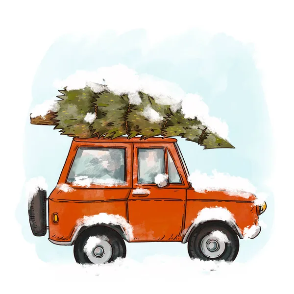 Carro Retro Vermelho Vintage Árvore Natal Feliz Natal Cartão Isolado — Fotografia de Stock