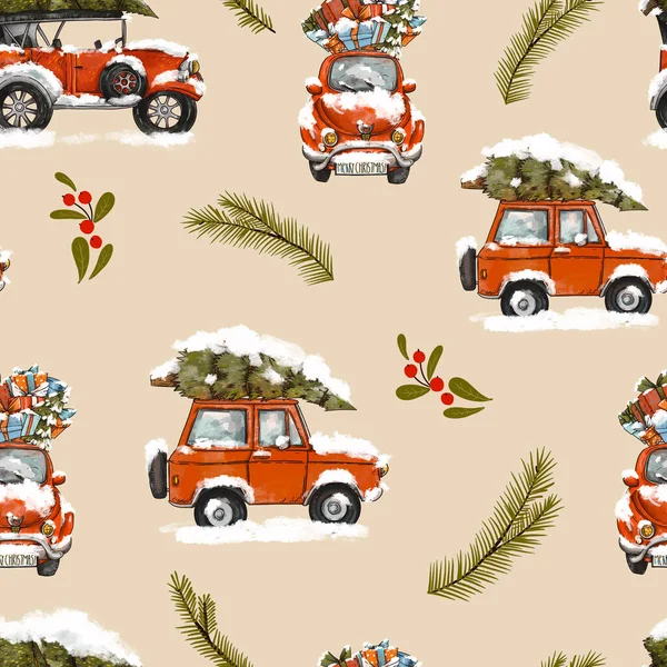 Ročník Bezešvé Vzor Červených Retro Automobilů Vánoční Stromeček Veselé Vánoční — Stock fotografie