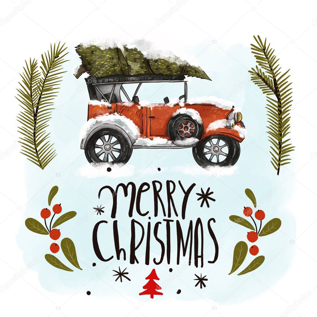Vintage hand drawn red retro car, Christmas tree with holidays lettering. Merry Christmas greeting card