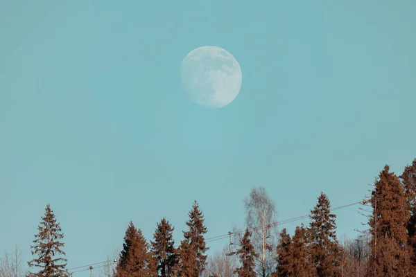 Lua Cheia Cadeiras Esqui Fundo Inverno Elevador Esqui Sob Floresta — Fotografia de Stock