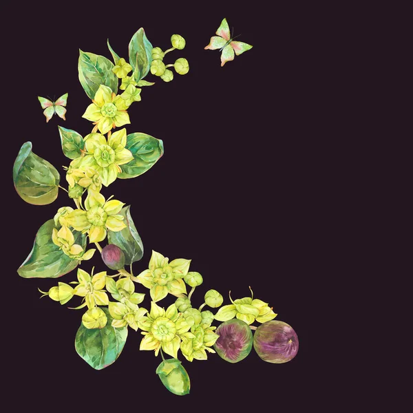 Suluboya yaz sarı çelenk çiçekleri. Botanik Sidr çiçek illüstrasyonu, klasik tebrik kartı