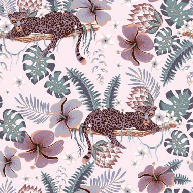 Tropikal pembe vektör kusursuz desen. Leylak kaplanı, palmiye ağaçları, yeşil yapraklar, canavar, egzotik çiçekler.