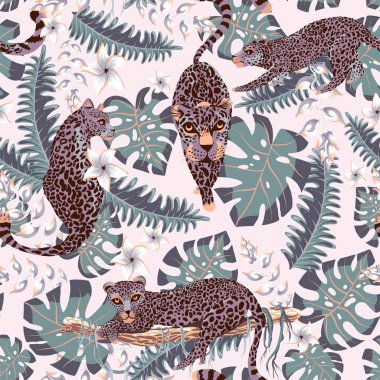 Tropikal pembe vektör kusursuz desen. Leylak kaplanı, palmiye ağaçları, yeşil yapraklar, canavar, egzotik çiçekler.