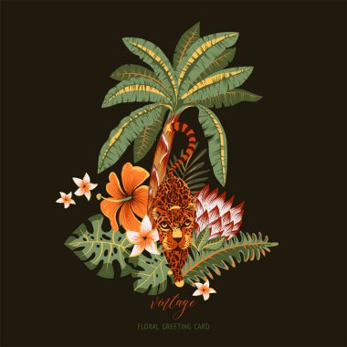 Tropik vektör tebrik kartı. Kaplan, palmiye ağaçları, yeşil yapraklar, canavar, siyah üzerine egzotik çizimler.