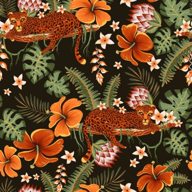 Tropikal vektör kusursuz desen. Kaplan, palmiye ağaçları, yeşil yapraklar, canavar, siyah üzerine egzotik yaz dokusu.