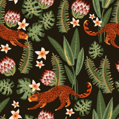 Tropikal vektör kusursuz desen. Kaplan, palmiye ağaçları, yeşil yapraklar, canavar, siyah üzerine egzotik yaz dokusu.
