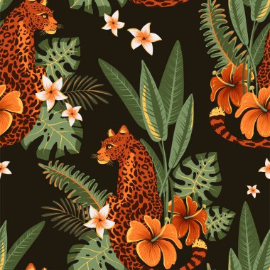 Tropikal vektör kusursuz desen. Kaplan, palmiye ağaçları, yeşil yapraklar, canavar, siyah üzerine egzotik yaz dokusu.