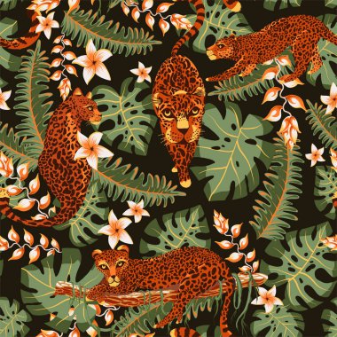 Tropikal vektör kusursuz desen. Kaplan, palmiye ağaçları, yeşil yapraklar, canavar, siyah üzerine egzotik yaz dokusu.