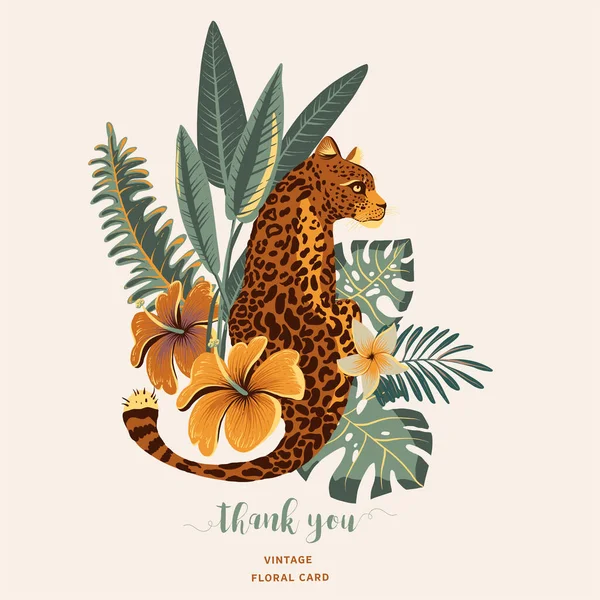 Tarjeta Felicitación Vectorial Tropical Tigre Palmeras Hojas Verdes Monstruos Flores — Vector de stock