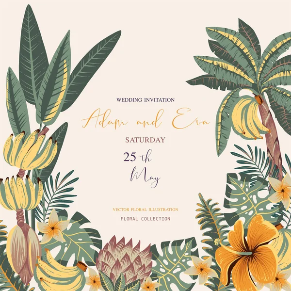Vecteur Été Motif Tropical Sans Couture Fleurs Exotiques Palmiers Bananiers — Image vectorielle