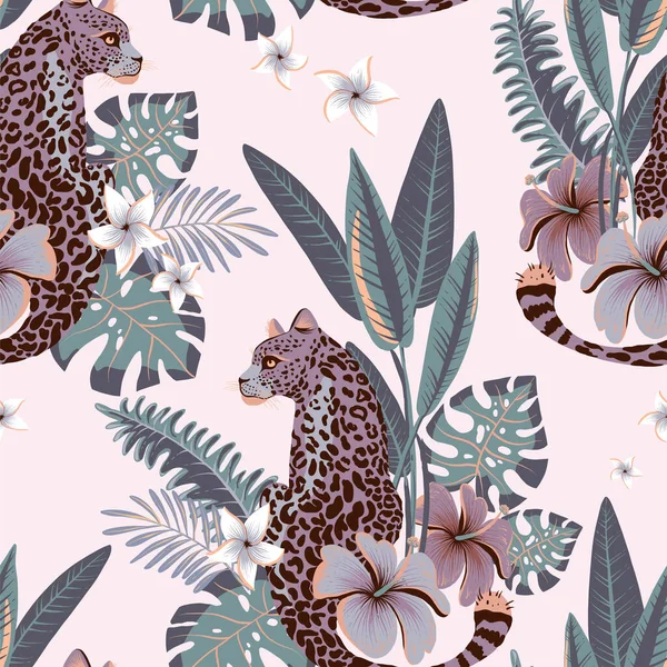 Modèle Sans Couture Vecteur Rose Tropical Tigre Lilas Palmiers Feuilles — Image vectorielle