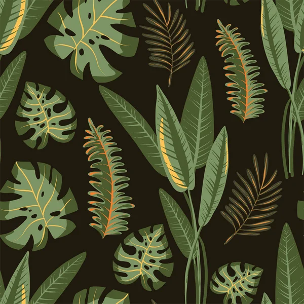 Summer Vector Tropical Seamless Pattern Exotic Monstera Green Leaves Black — Stock Vector