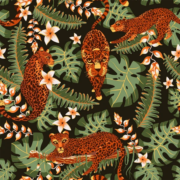 Tropikal vektör kusursuz desen. Kaplan, palmiye ağaçları, yeşil yapraklar, canavar, siyah üzerine egzotik yaz dokusu.
