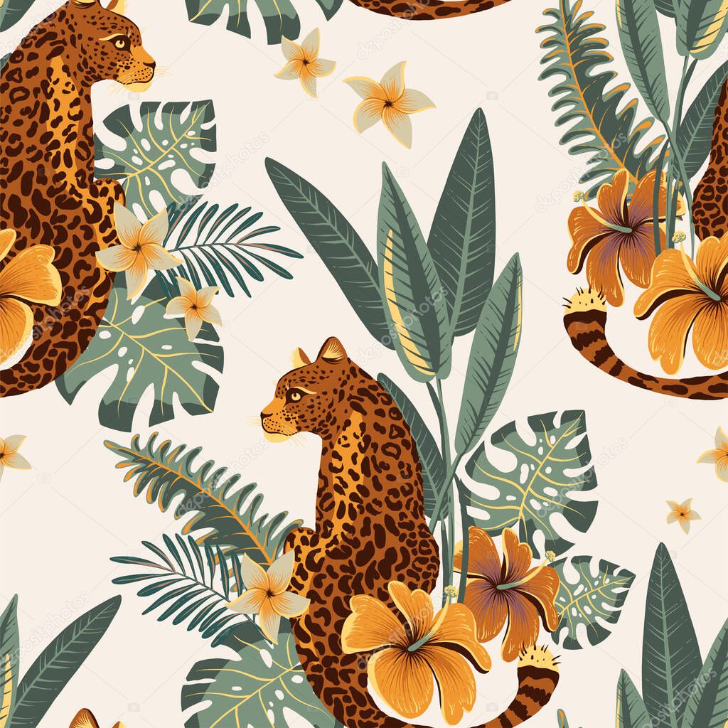 Tropical vector seamless pattern. Tiger, palm trees, green leaves, monstera, exotic flowers