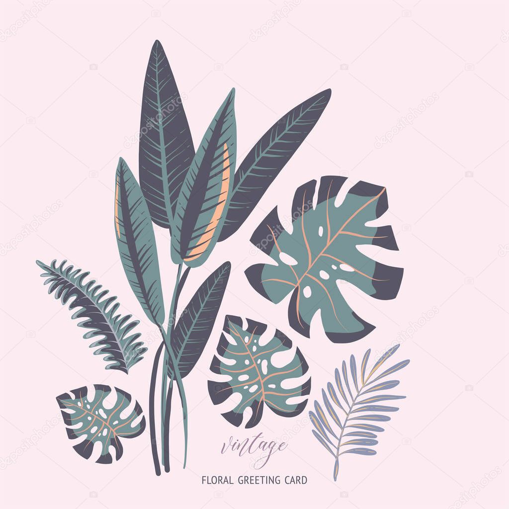 Summer pink leaf vector tropical greeting card. Exotic monstera green leaves