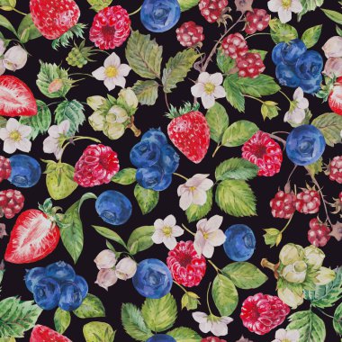 Suluboya yaz meyveleri pürüzsüz desen. Meyve, çilek, siyah üzerine yaban mersini dokusu. El yapımı botanik duvar kâğıdı