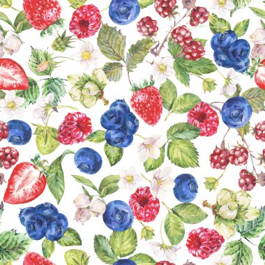 Suluboya yaz meyveleri pürüzsüz desen. Meyve, çilek, yaban mersinli beyaz. El yapımı botanik duvar kâğıdı