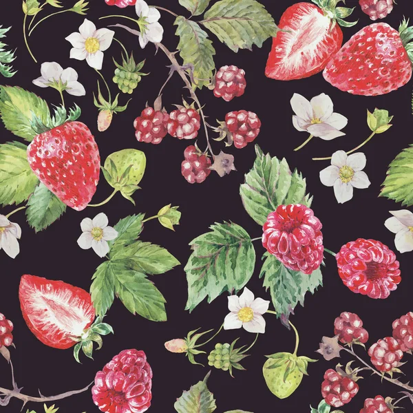 Akvarel Letní Bobule Bezešvé Vzor Plody Jahody Malinová Textura — Stock fotografie