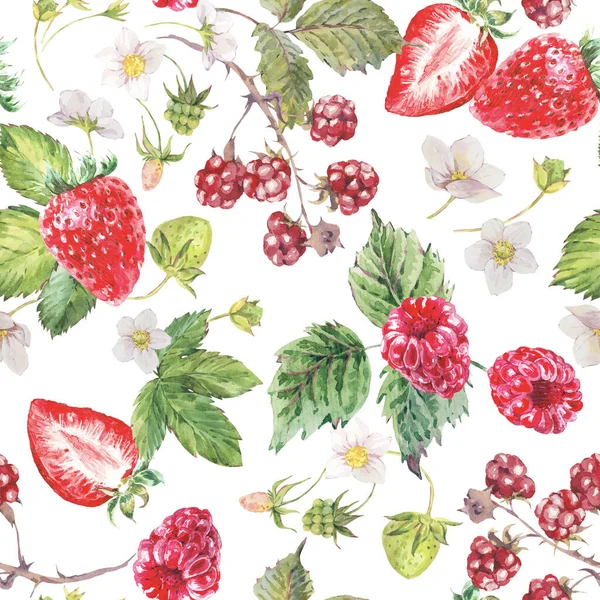 夏の果実はシームレスなパターン 果物のイチゴ ラズベリーの質感 — ストック写真