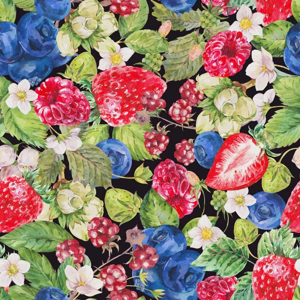 夏の果実はシームレスなパターン イチゴ 黒のブルーベリーの質感 手描き植物壁紙 — ストック写真