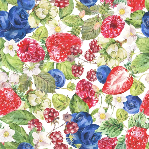 夏の果実はシームレスなパターン イチゴ 白のブルーベリーの質感 手描き植物壁紙 — ストック写真