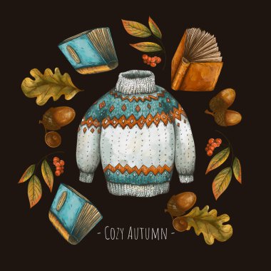 Estetik Sade Sonbahar Kutlama Kartı, Klasik Aşk Okuma Kitabı Çizimi