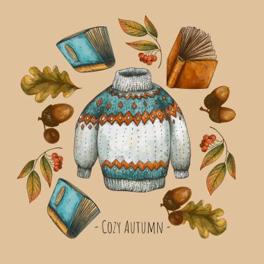 Estetik Sade Sonbahar Kutlama Kartı, Eski Aşk Okuma Kitabı Bej Çizimi