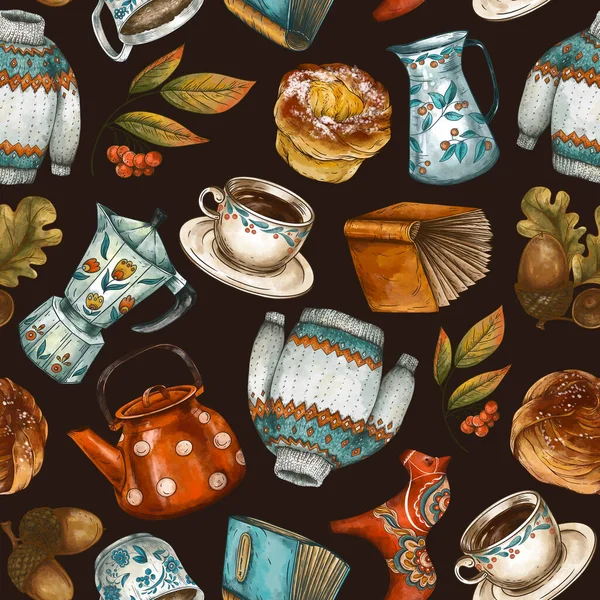 Aesthetic Coffee Break Seamless Pattern Scandinavian Fika Tea Time Vintage — Stock Photo, Image